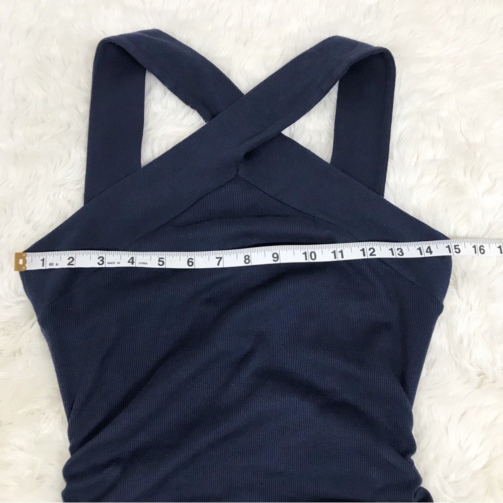 MICHAEL STARS Opaline Midi Dress Medium Navy Blue Bodycon Halter Ruched Ribbed - Picture 10 of 10